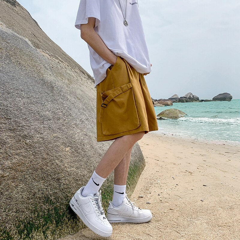 Bonsir Summer Solid Men's Cargo Shorts Mens Beach Shorts Ribbons Streetwear Casual Male Sportswear Shorts Homme Black/Khaki/Army green