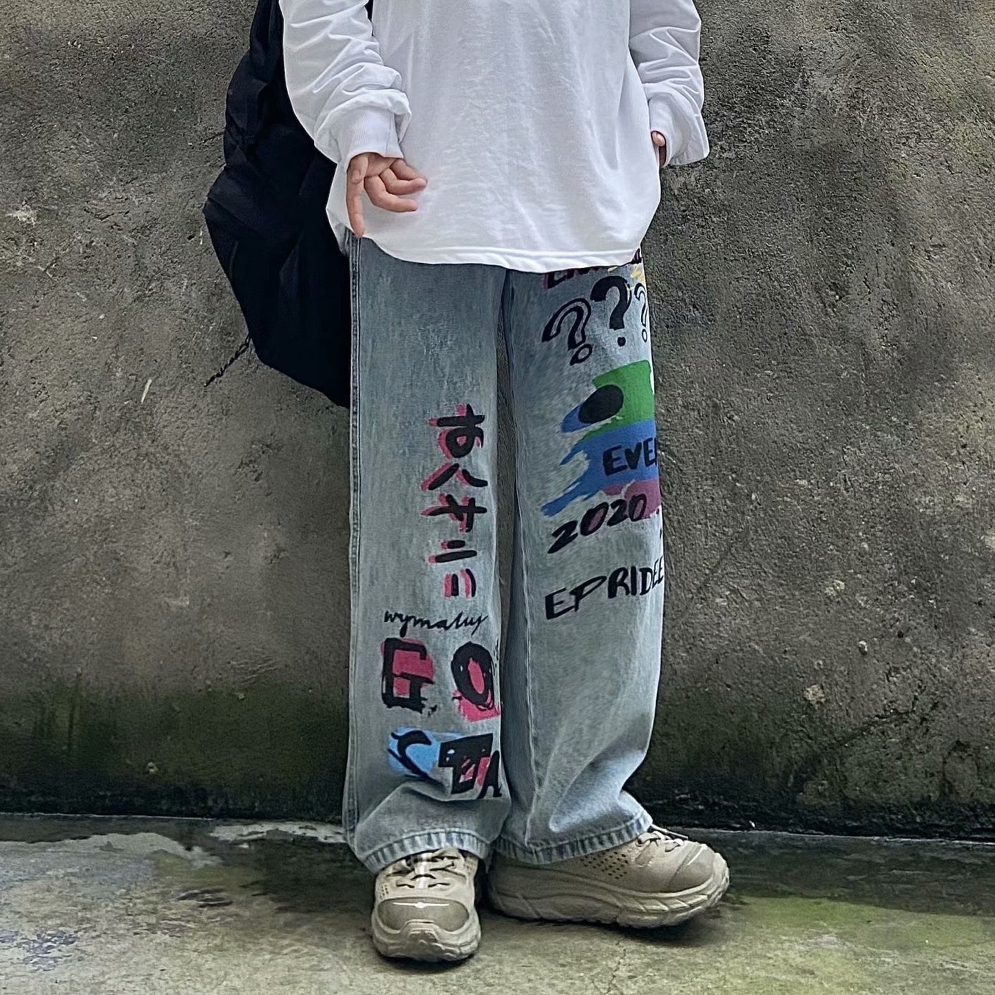 Bonsir Trendy brand new hip hop graffiti street straight tube wide leg dad loose ins jeans for men and women streetwear hiphop