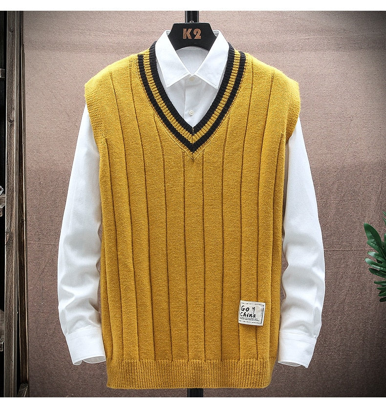 sanyamk 151 Autumn Winter Men Knitted Sweater Waistcoat Fashion Campus Casual Color Contrast Sleeveless Stripe V-Neck Patchwork Vest