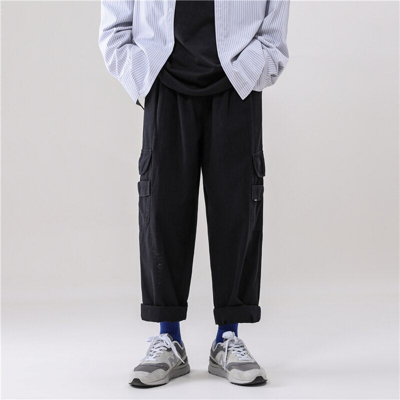 Bonsir Japan Style Men Cargo Pants Male Straight Casual Loose Joggers Autumn Winter Hip Hop Mopping Trousers Streetwear All-match Pants