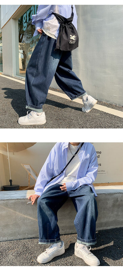 Bonsir Mens Straight Baggy Jeans Harem Pants Men Denim Jeans for Teens Trousers Korean Fashion Male Trendy Streetwear Drawstring Pants