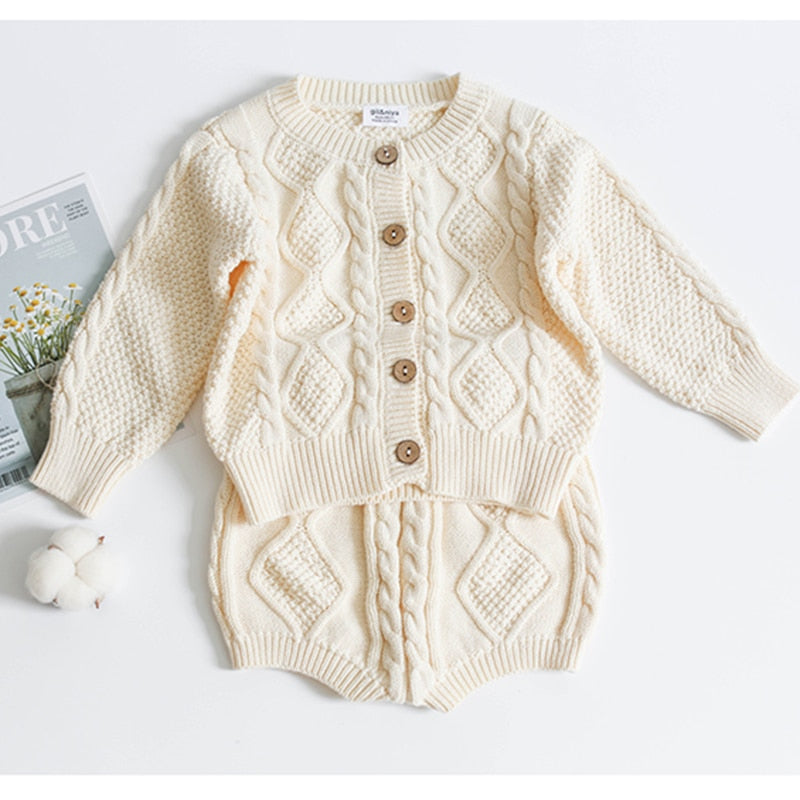 Brand Cotton Boys Girls Baby Knit Sweater Cardigan + Shorts Suit New Autumn Winter Children Clothing Baby Clothes Suit