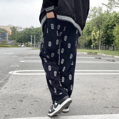 sanyamk Preppy Style Skull Full Print Drawstring Casual Corduroy Men Baggy Pants Hip Hop Straight Sweatpants Male Loose Trousers