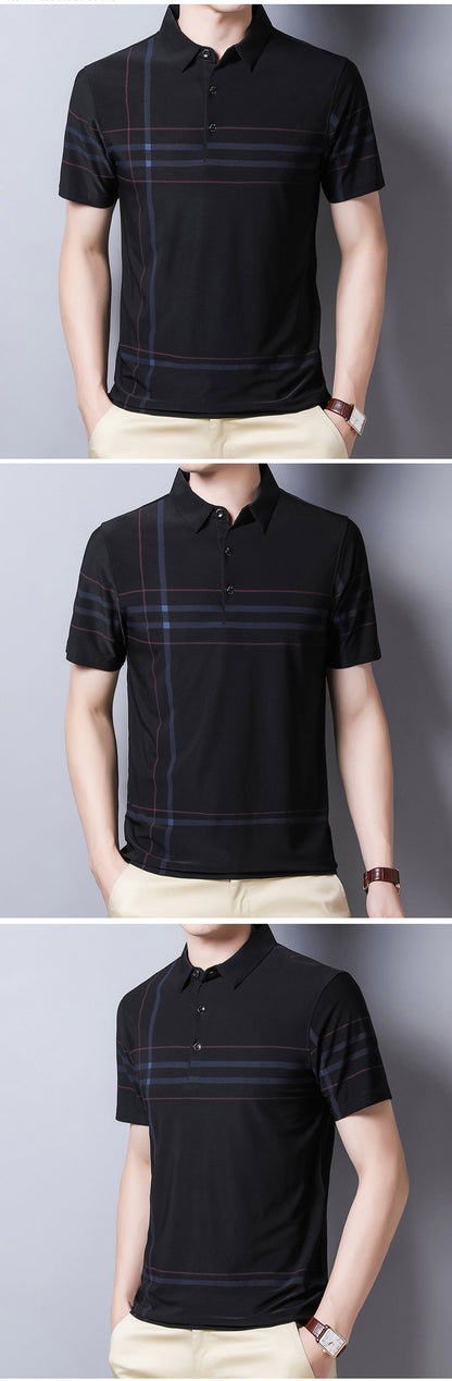 sanyamk Fashion Slim Men Polo Shirt Black Short Sleeve Summer Thin Shirt Streetwear Striped Male Polo Shirt for Korean Clothing