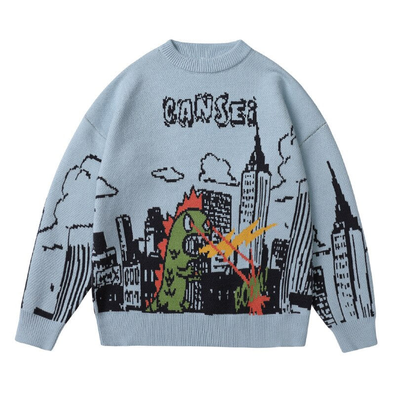 Bonsir Cartoon Youth Sweater Cute Fighting Dinosaurs Printing Autumn Winter Warm Comfortable Round Neck Pullovers Men Knitwear Coats