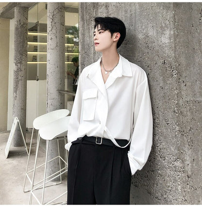 Bonsir Korean Style Men's Solid Color Long Sleeve Ribbon Shirts White/black Irregular Shirts Camisa Masculina Streetwear Clothes