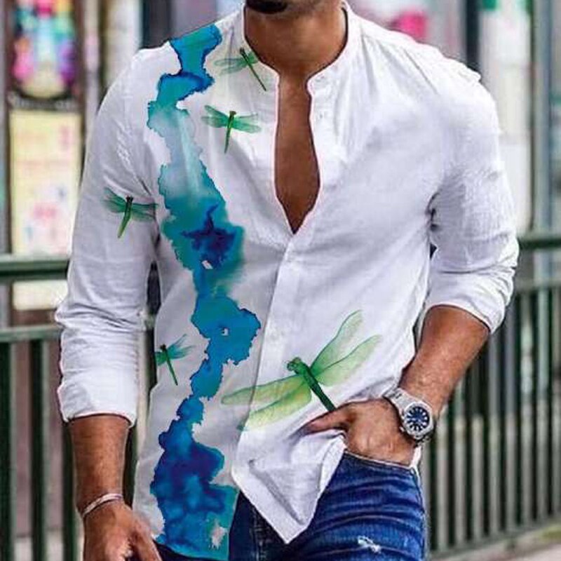 sanyamk trendy mens fashion mens summer outfits  dope outfits mens street styleFashion City O Neck Slim Print Pattern Shirts Tops Spring Autumn Men Causal Long Sleeved Single Breasted All Match Shirt Tops