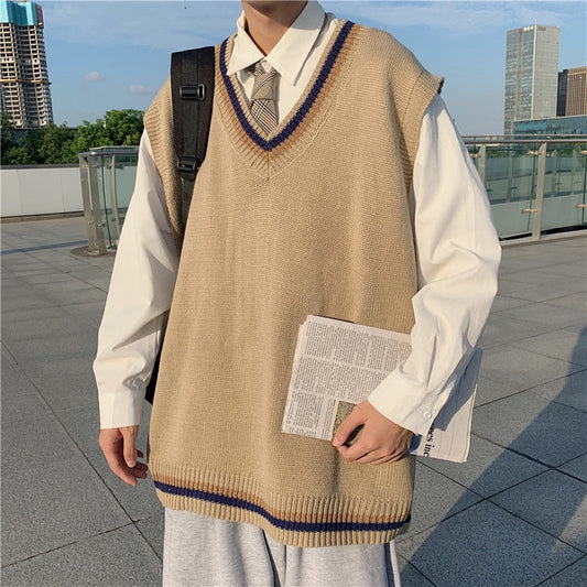 sanyamk Korean Clothes Sleeveless V-neck Knitted Vest Sweater Male Harajuku Khaki Japanese Couple Vintage Pullover Sweater for Men