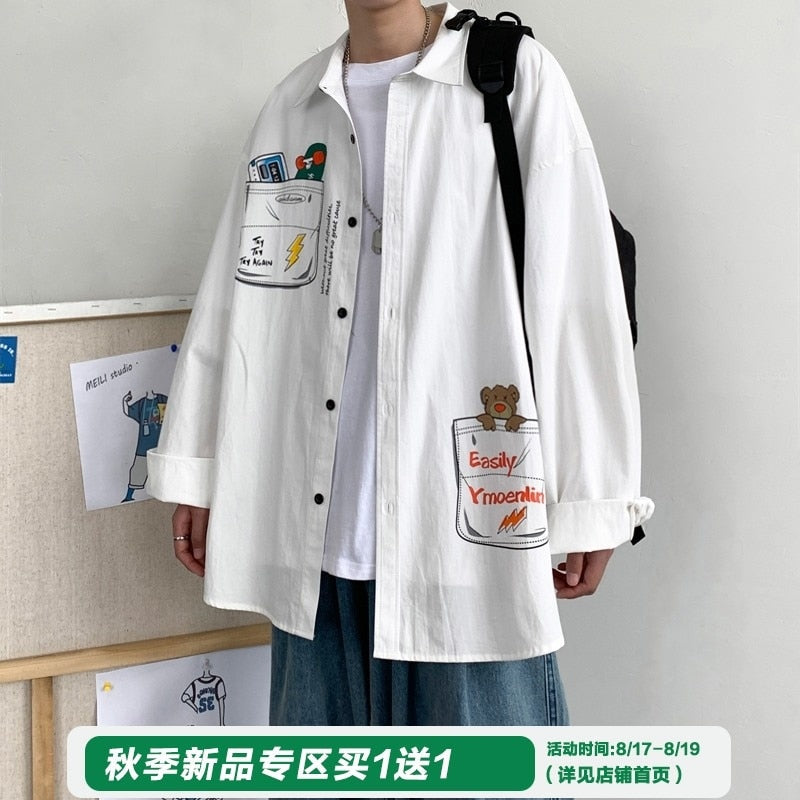 Bonsir Beautiful dirty shop homemade cartoon graffiti work clothes long sleeved shirt men's autumn fashion loose casual shirt body