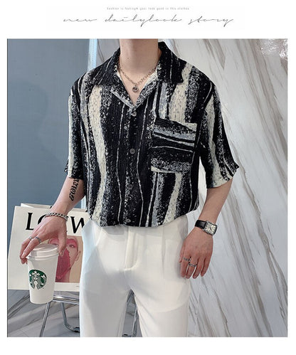 Bonsir Summer Pleated Shirts Men Slim Fashion Retro Pocket Casual Shirts Men Streetwear Korean Tie-dye Shirts Mens Dress Shirts M-2XL