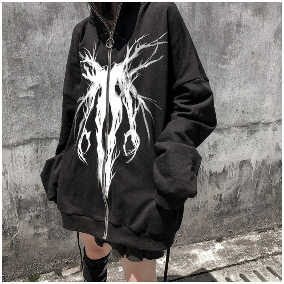 Bonsir Demon Slayer Fashion Men Evil Print Hoodies Black Zip Up Cardigan Hooded Sweatshirt Mens Streetwear Loose Plus Size Hoodie Oodie