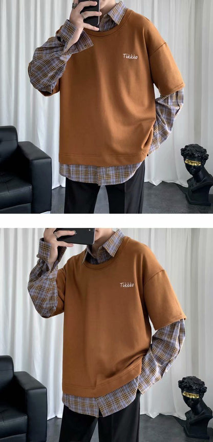 Bonsir Ins Fake Two-piece Tshirts Men's Spring Autumn Loose Plaid Shirt Lapel Long Sleeved T-shirt Student Unisex Casual Top Clothes