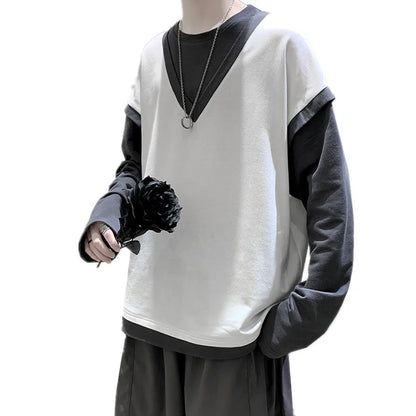 sanyamk Fake two long sleeved t-shirt men's autumn black and white contrast color sweater youth trend men's loose casual large coat