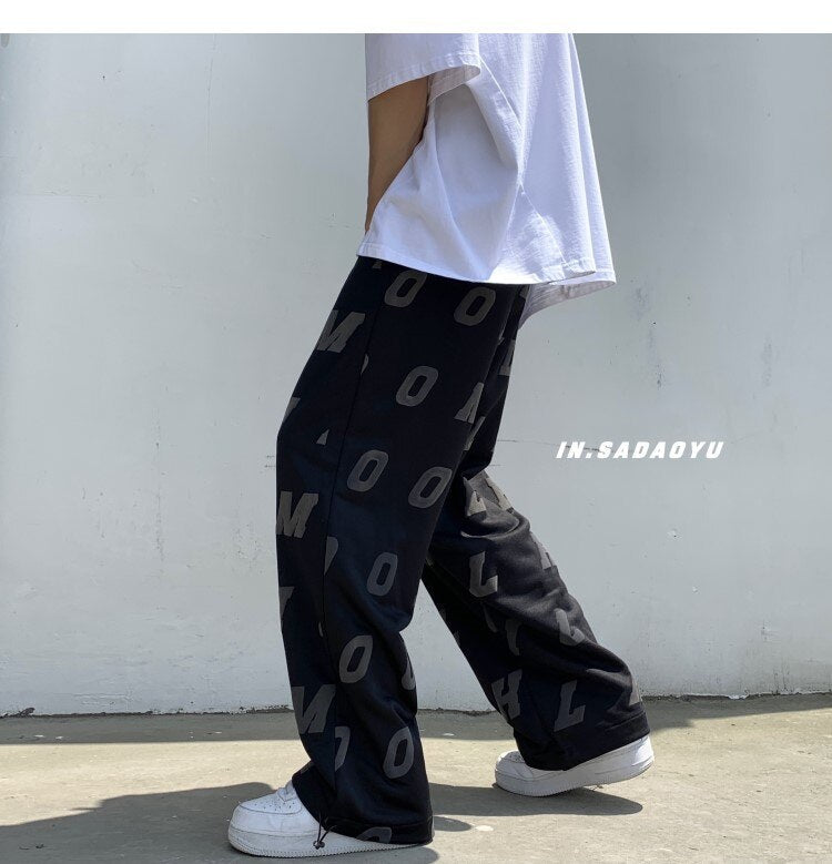 Bonsir Summer Casual Wide Leg Pants For Men Lightweight Streetwear Letter Printed Straight Pants Fashion Sweatpants Trousers 2XL-M