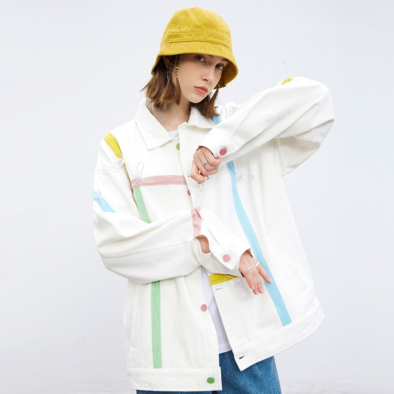 sanyamk Hip Hop Streetwear Retro Drawstring Stripes Cargo Jacket Coat Men Autumn Harajuku Casual Jacket Outwear Tops White