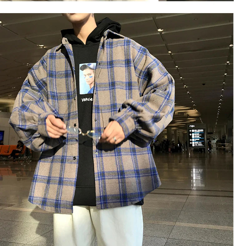 sanyamk Harajuku Block Plaid Block Men's Men Streetwear Men's Thick, Manly Sleeve Shirts of Vintage Korean Fashion Clothes