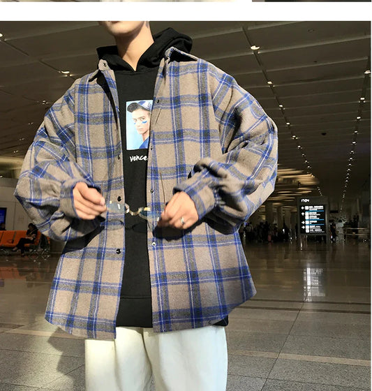 Bonsir Harajuku Block Plaid Block Men's Men Streetwear Men's Thick, Manly Sleeve Shirts of Vintage Korean Fashion Clothes