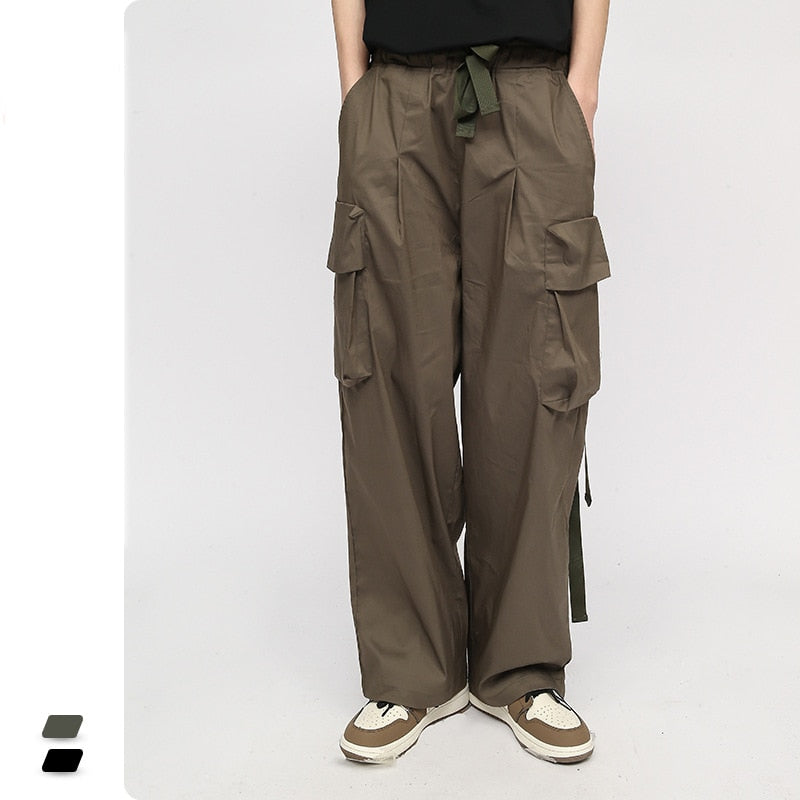 Bonsir New Japanese Fresh Cargo Pants Men Loose Wide-Leg Casual Streetwear Trousers Hip-Hop Straight Solid Color Multi-Pocket Clothing