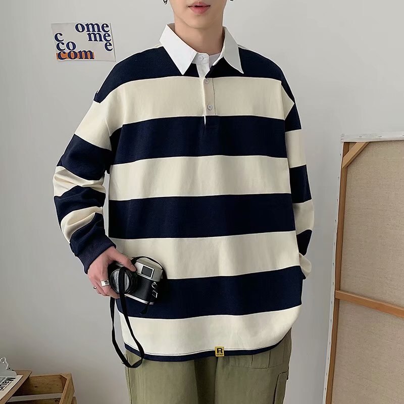 sanyamk Spring Autumn Men Striped Lapel T-shirt Trend Polo Collar Loose Long-sleeved Tshirts Ins All-match Pullover Tees British Gentle