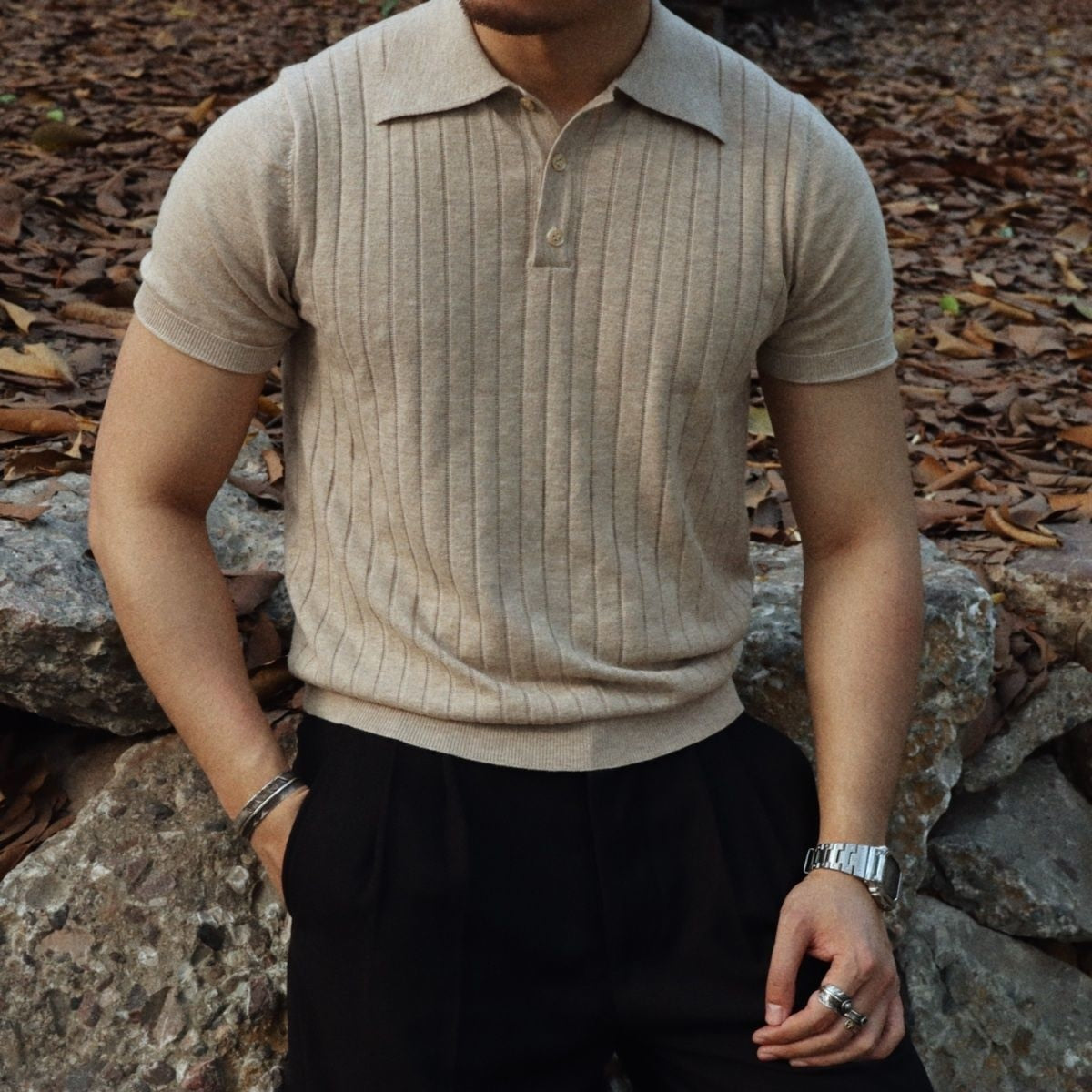 sanyamk Knitted Polo Short Sleeve T-shirt Office  Business Knit Shirt American Retro Men's Khaki T Shirt Tops Streetwear Summer Top