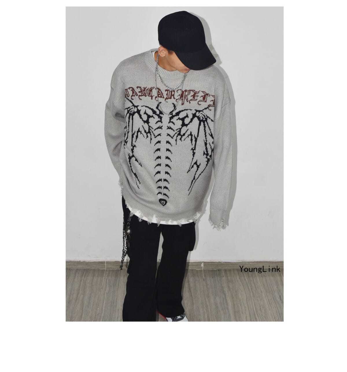 sanyamk Punk Gothic Wings Pattern Embroidery Destruction Style Oversized Sweater women Y2k Street Hip Hop Crew Neck Sweater Couple