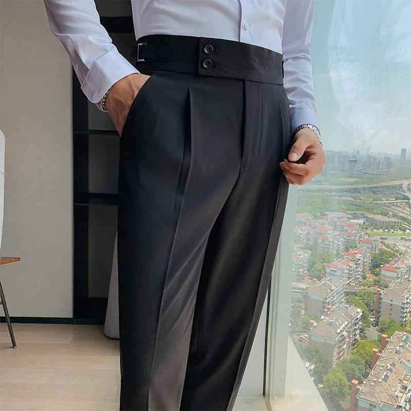 sanyamk New Design Men High Waist Trousers Solid England Business Casual Suit Pants Belt Waistline Straight Slim Fit Bottoms Clothing