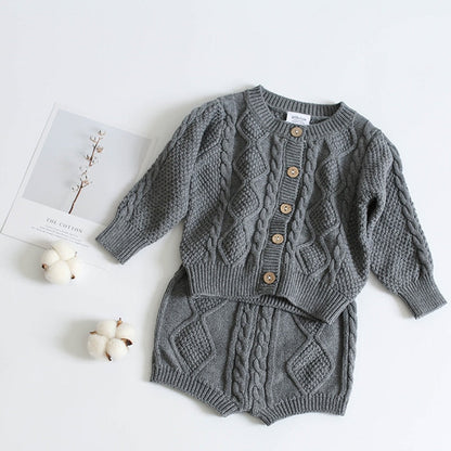 Brand Cotton Boys Girls Baby Knit Sweater Cardigan + Shorts Suit New Autumn Winter Children Clothing Baby Clothes Suit