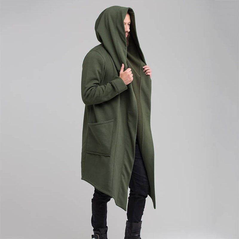 Hirigin New Men Winter Casual Hoodie Coat Solid Color Cardigan Cloak Coat Open Front Warm Long Outwear Autumn Winter