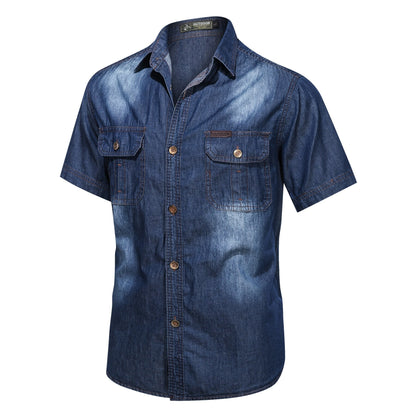 sanyamk New Mens Denim Shirts Short Sleeve Retro Light Blue Men Summer Shirt Jean Jacket Casual Buttons Tops Male Denim Shirt