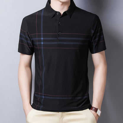 sanyamk Fashion Slim Men Polo Shirt Black Short Sleeve Summer Thin Shirt Streetwear Striped Male Polo Shirt for Korean Clothing