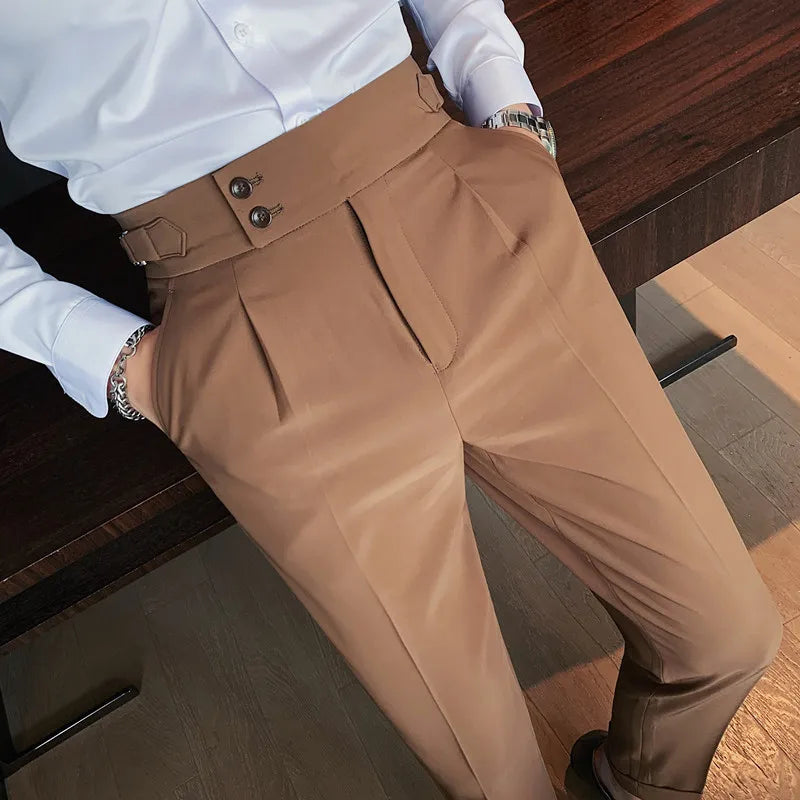 sanyamk New Design Men High Waist Trousers Solid England Business Casual Suit Pants Belt Waistline Straight Slim Fit Bottoms Clothing