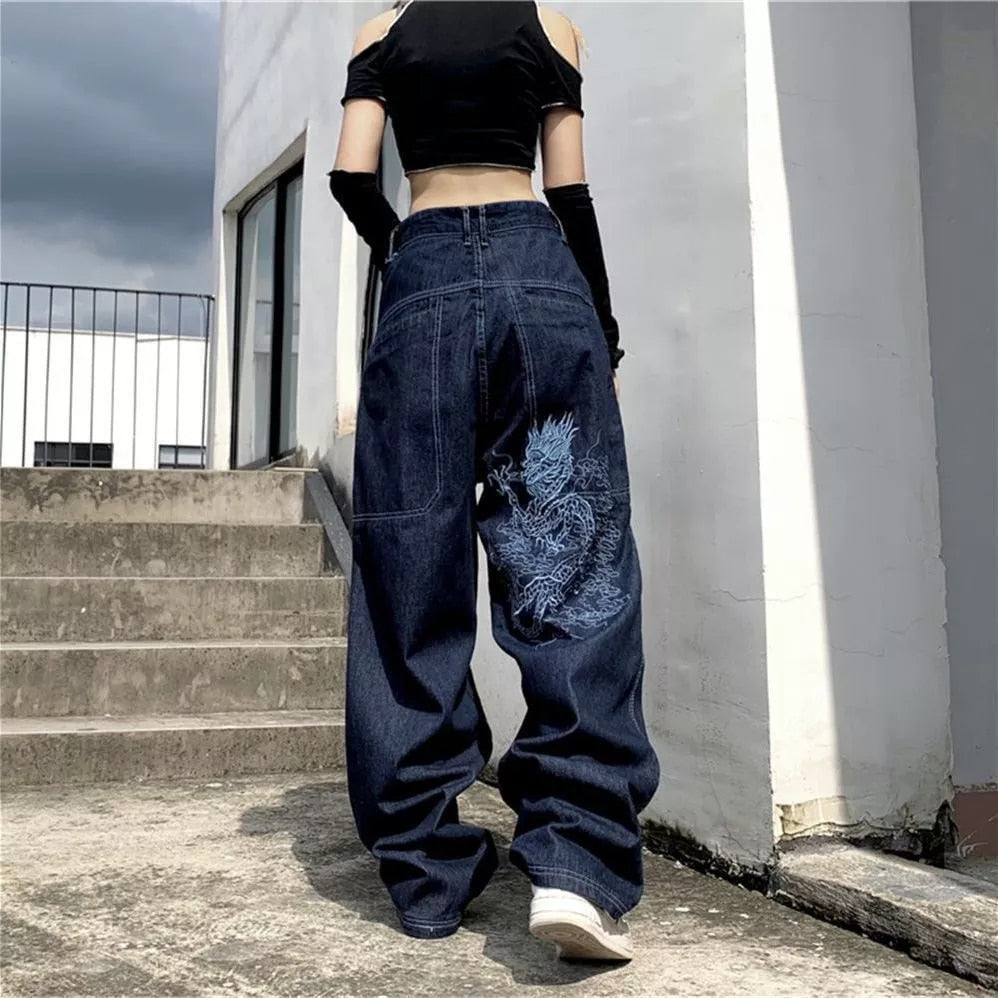 sanyamk American street clothing retro trend pocket jeans female letter star print high waist casual oversized straight pants women