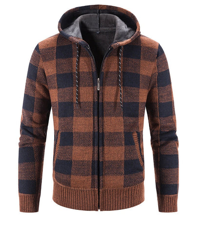 Bonsir Men's Hooded Plaid Printed Long Sleeve Sweater Autumn Winter Plush Large Casual Cardigan Coat