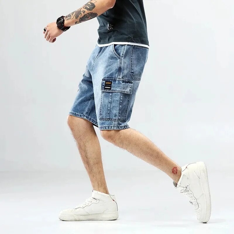 sanyamk Plus Size 40 Men's Loose Blue Denim Shorts Summer New Big Pocket Straight Jeans Cargo Shorts Male Plus Size Five Point Pants