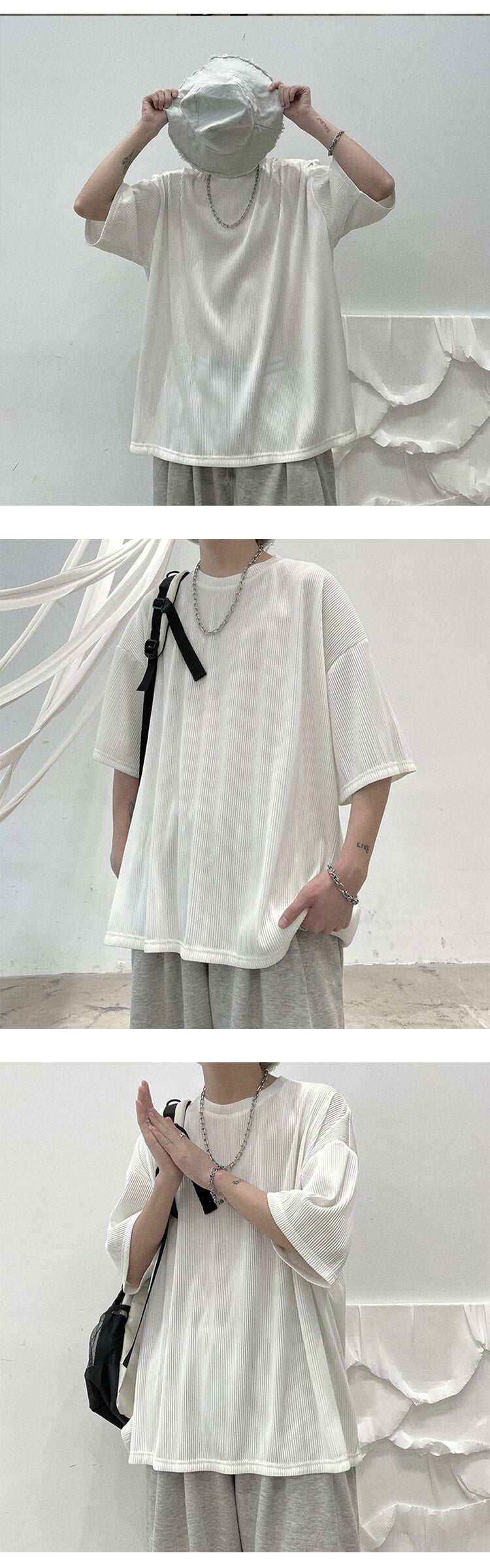 Bonsir Oversized Pleated T-shirt Men's Fashion Casual Loose Ice Silk Tshirt Men Streetwear Korean Summer Short-sleeved T Shirt Mens Top