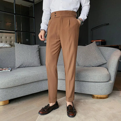 sanyamk New Design Men High Waist Trousers Solid England Business Casual Suit Pants Belt Waistline Straight Slim Fit Bottoms Clothing