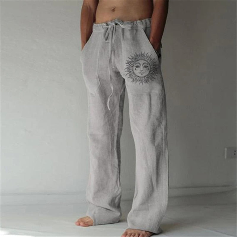 Bonsir Summer New Vintage Men's Cotton Linen Oversized Jogger Trousers Hip Hop Avatar Print Male Plus Size Loose Wide Leg Pants Men