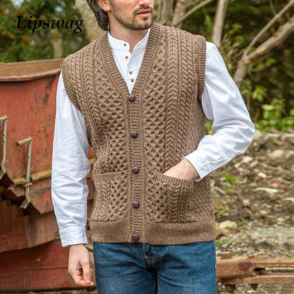 Bonsir Vintage Zip-up Sweater Cardigan Mens  Autumn Winter All-match Fashion Knitted Vest For Men Casual Sleeveless Solid Sweaters