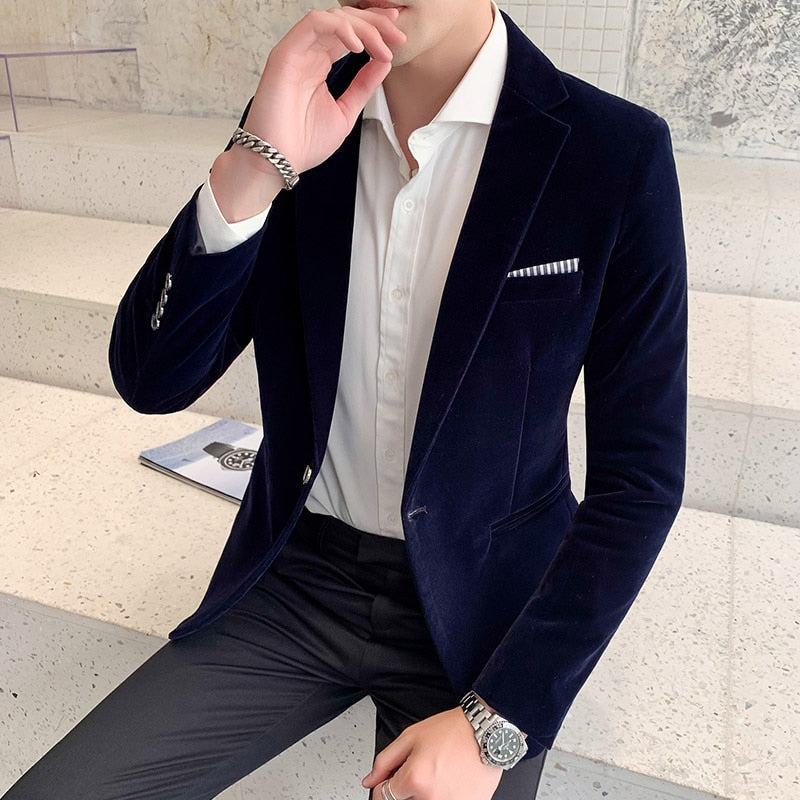 sanyamk Fall Winter Gold Velvet Blazer High Quality Slim Fit Suit Jacket Fashion Casual Men Groom Singer Costume Formal Evening Dress