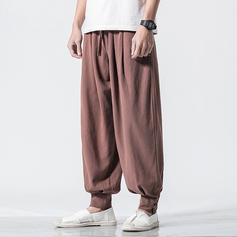 Bonsir Cotton Harem Pants Men Solid Elastic Waist Streetwear Joggers New Baggy Drop-crotch Pants Casual Trousers Men