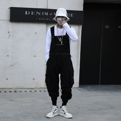 sanyamk  -  Autumn men's work clothes suspenders hair stylist dark functional casual pants teenagers loose Hip Hop Pants