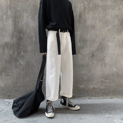 Bonsir White Street jeans wide leg pants men's straight tube loose Korean fashion ruffian handsome oversize high Street quarter men