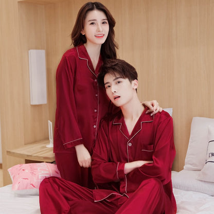 sanyamk Oversize 3XL Couples Satin Pajamas Set 2pcs Shirt&Pant Home Clothes Lovers Sleepwear Intimate Lingerie Men&Women Pyjamas Suit