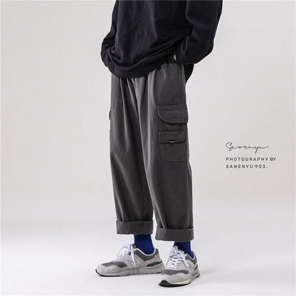 Bonsir Japan Style Men Cargo Pants Male Straight Casual Loose Joggers Autumn Winter Hip Hop Mopping Trousers Streetwear All-match Pants