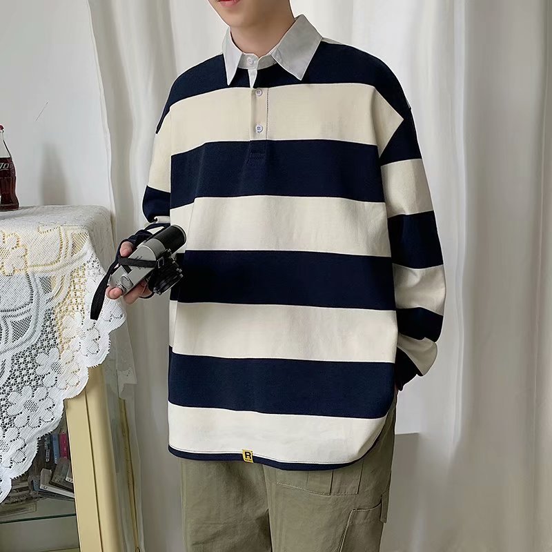 sanyamk Spring Autumn Men Striped Lapel T-shirt Trend Polo Collar Loose Long-sleeved Tshirts Ins All-match Pullover Tees British Gentle