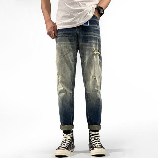 Bonsir 740 Fall New Men Jeans Vintage Denim Trendy Hole Korean Style Slim Hip Hop Streetwear Personality Distressed Male Pants Brand