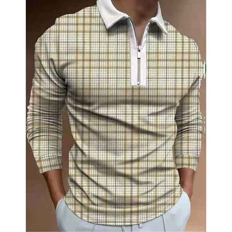 sanyamk New Spring Autumn StreetwearLong Sleeve Polo Shirts Men Fashion Plaid Polo Male Clothing Casual Turn-down Collar Zipper Tops