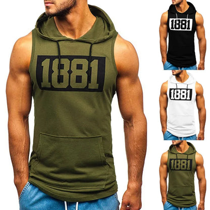 sanyamk Sports Tank Tops Men Fitness Muscle Print Sleeveless Hooded Bodybuilding Pocket Tight-drying Tops Summer Shirt For Men Clothing