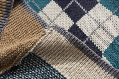 Bonsir Japanese Loose Couple Patchwork Argyle Sweater Vest Men's New Autumn Fashion Harajuku Letter Embroidery Man Pullover Vest