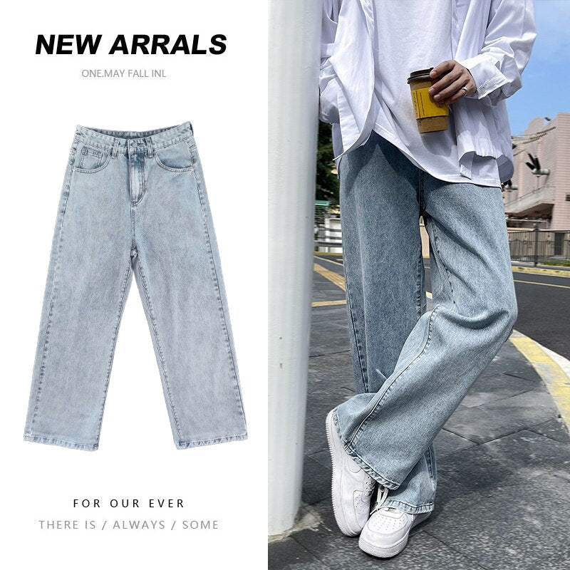 sanyamk Spring and Summer Thin Jeans Men's Korean Trend Versatile Straight Wide Leg Pants and Loose Light Color Floor Pants Jean